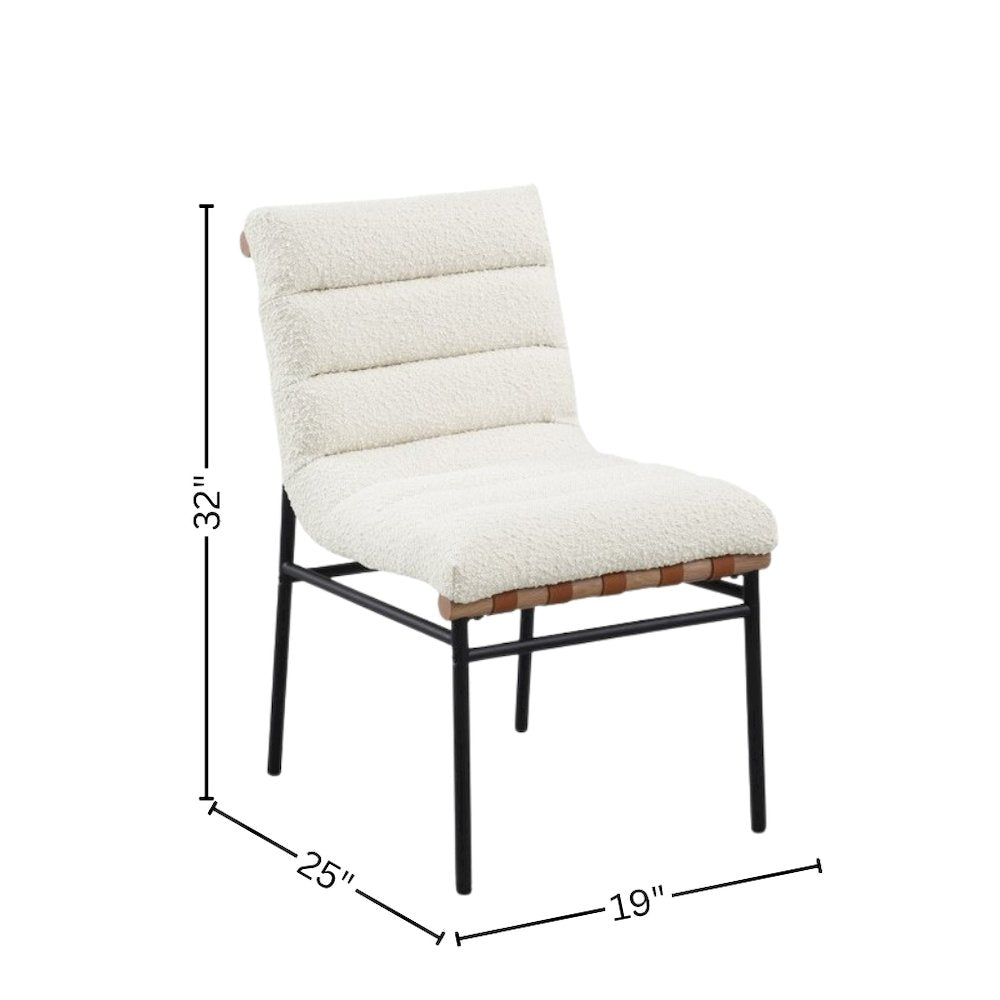 Set of 2 Dining Chairs, White Boucle, Cognac PU, Black Iron Legs