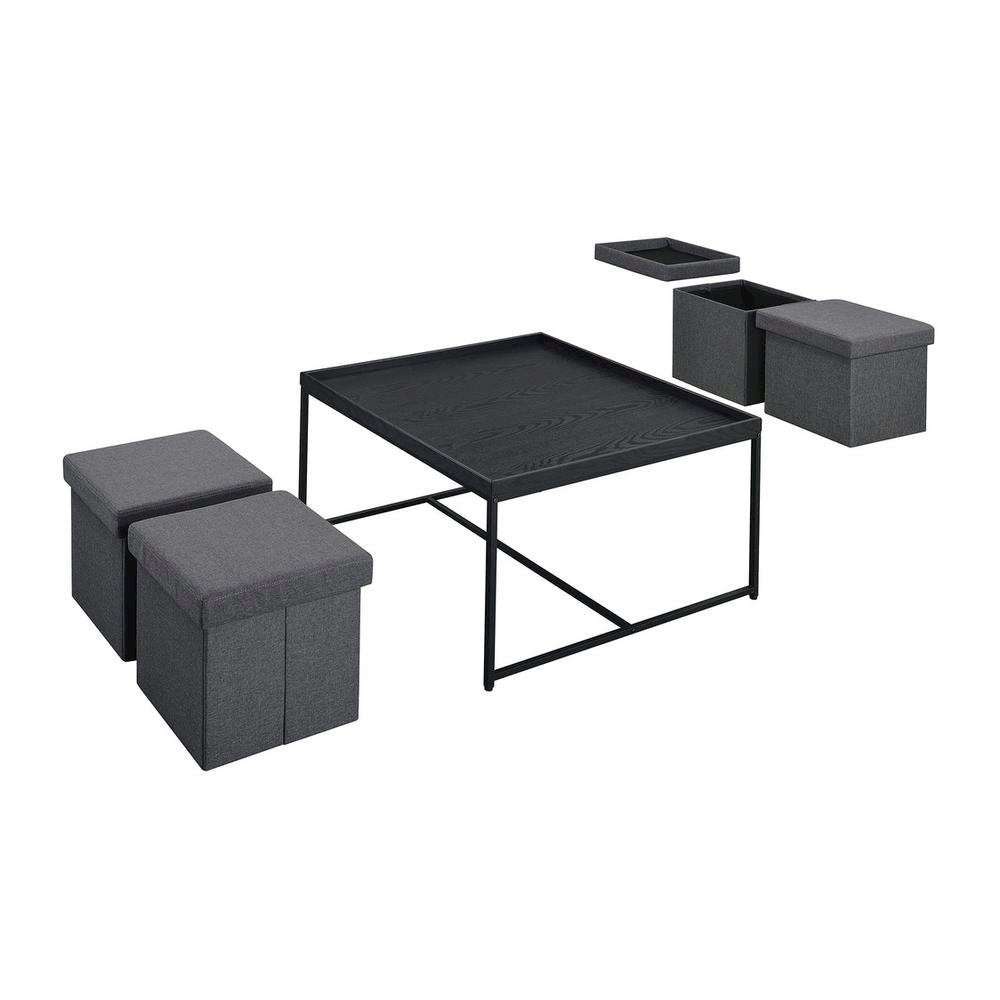 5 Piece Coffee Table Set, Storage Stools, Black Wood Grain