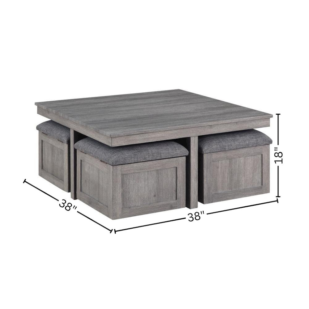Coffee Table with 4 Storage Stools, Distressed Gray