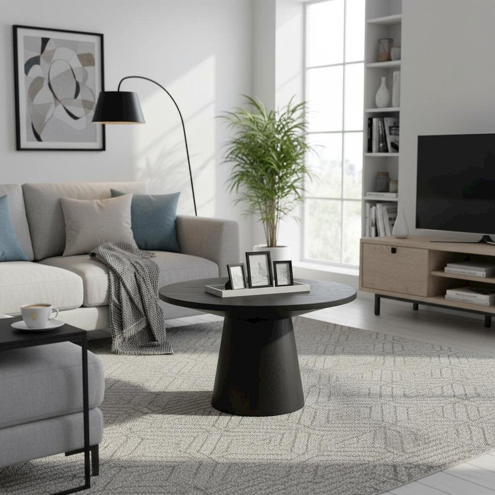 Round Coffee Table, Natural Wood Grain, Ebony Black