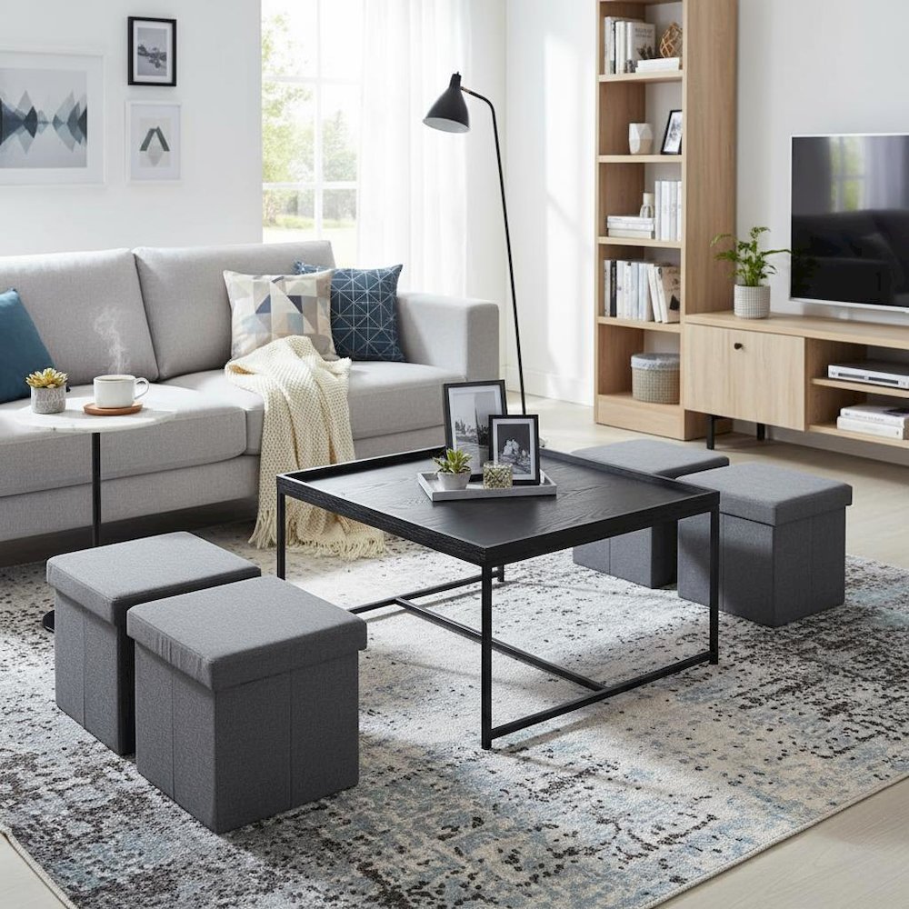 5 Piece Coffee Table Set, Storage Stools, Black Wood Grain