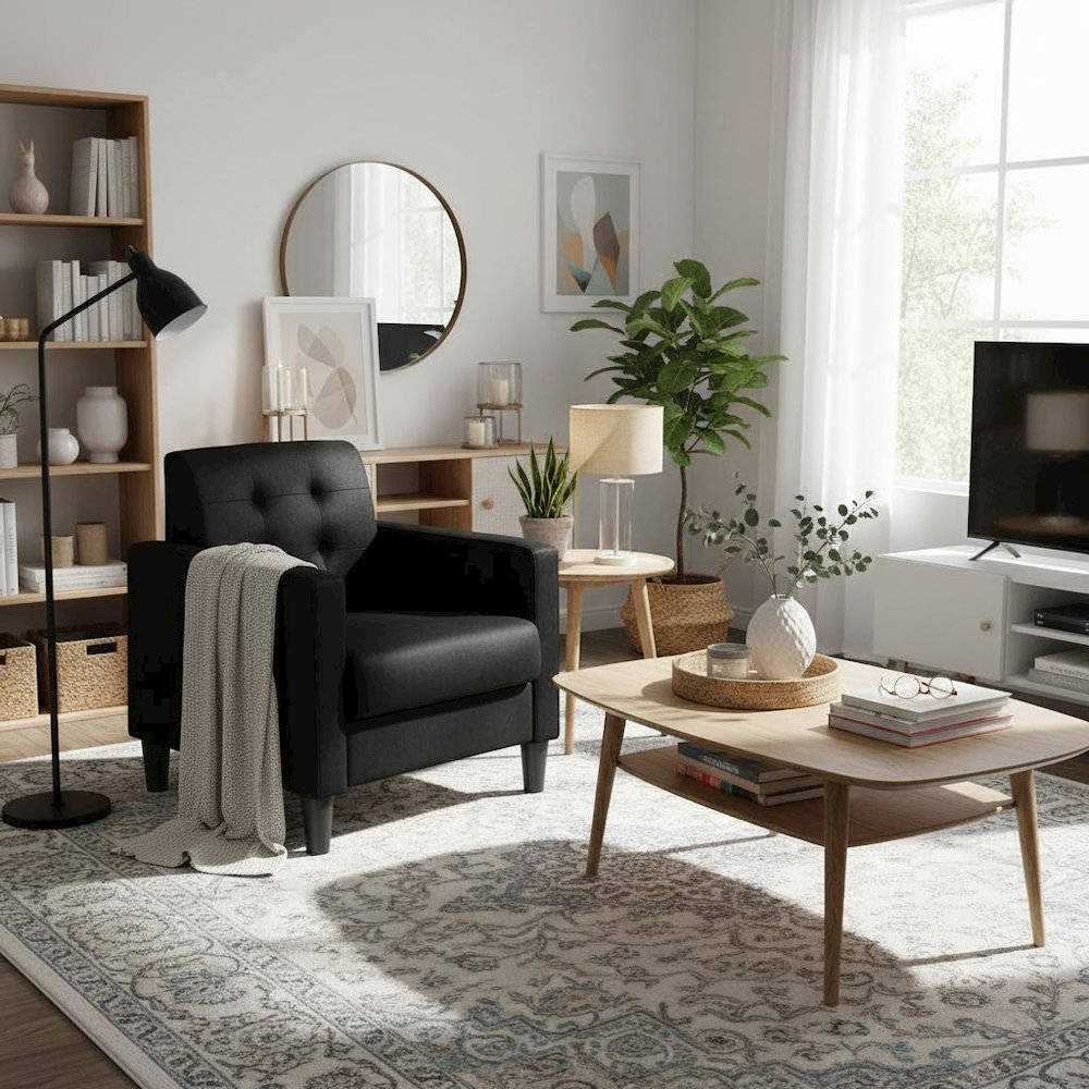 Accent Armchair, Black Velvet, Tufted Back