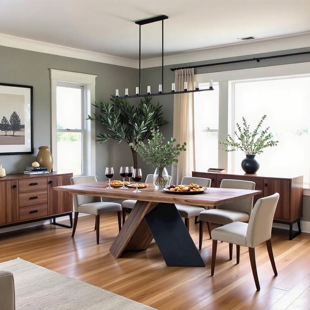 Brown Walnut Wood Dining Table, Rectangle with Iron Legs