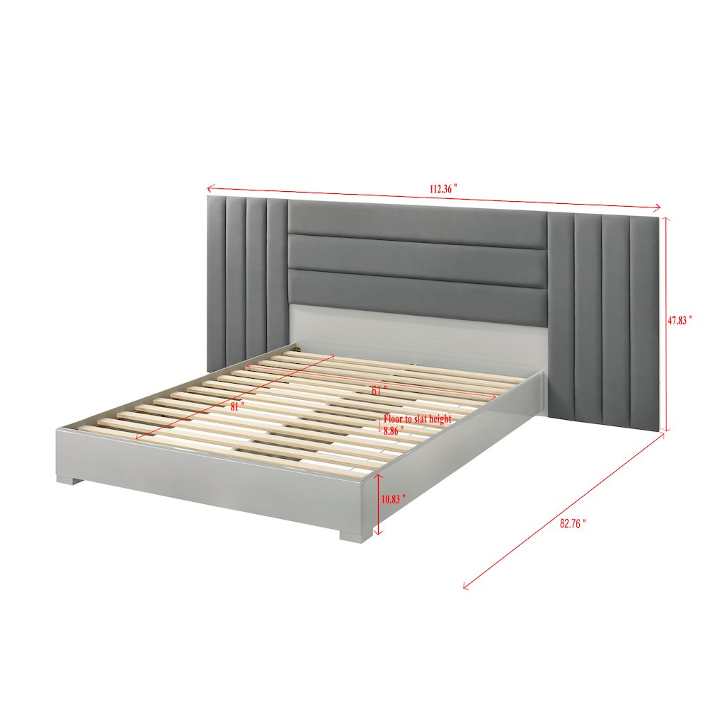 83" Queen Bed Frame, Fabric Channel Tufted Headboard, Lacquered Wood Gloss Rails