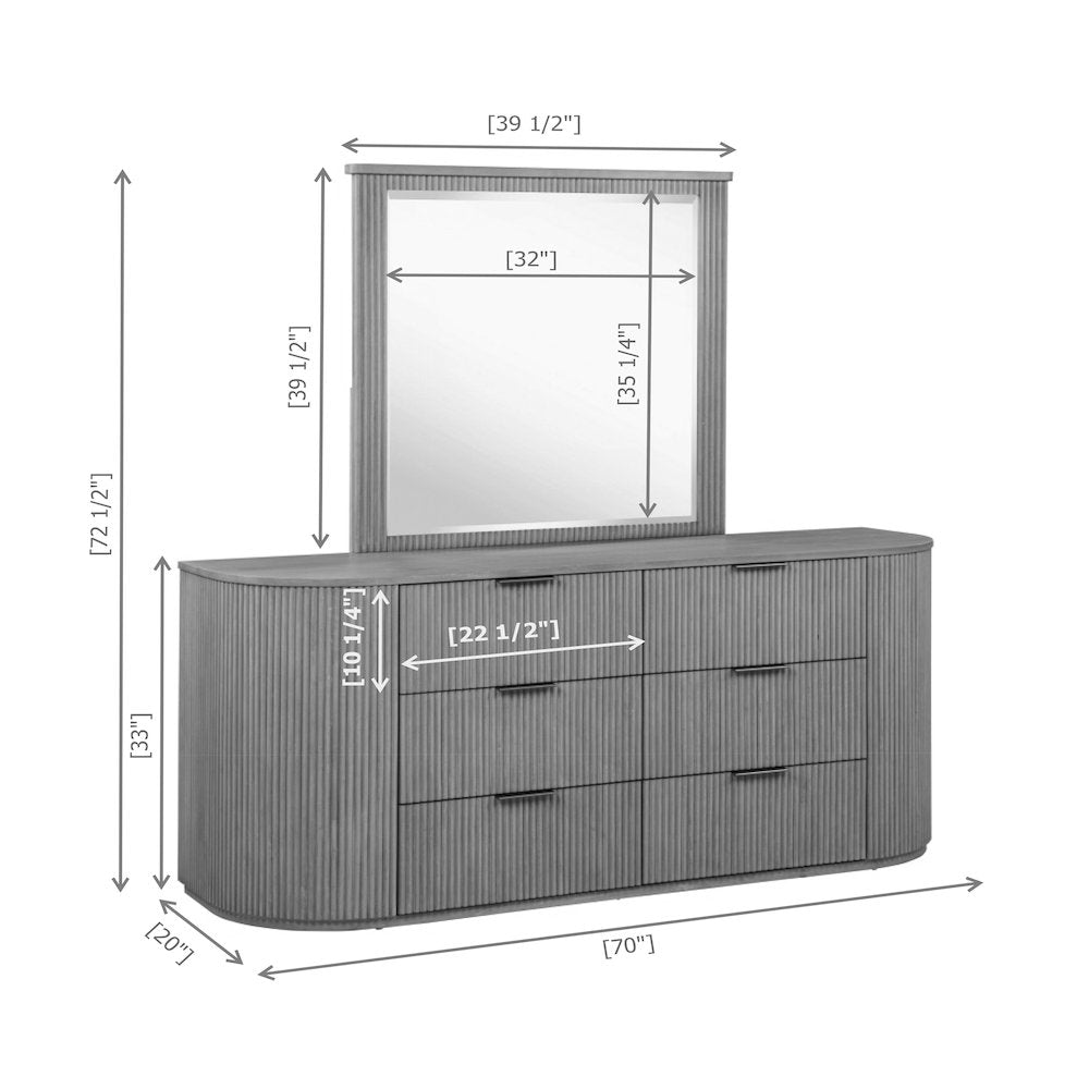 70" Wide Modern Fluted 6-Drawer Dresser Mid Century, Light Oak