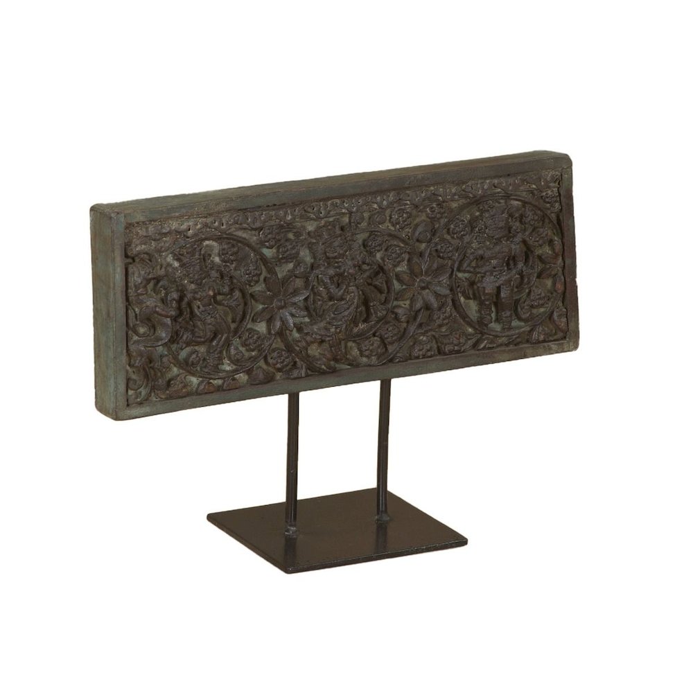 Curio 15" Carved Wood Panel on Iron Stand