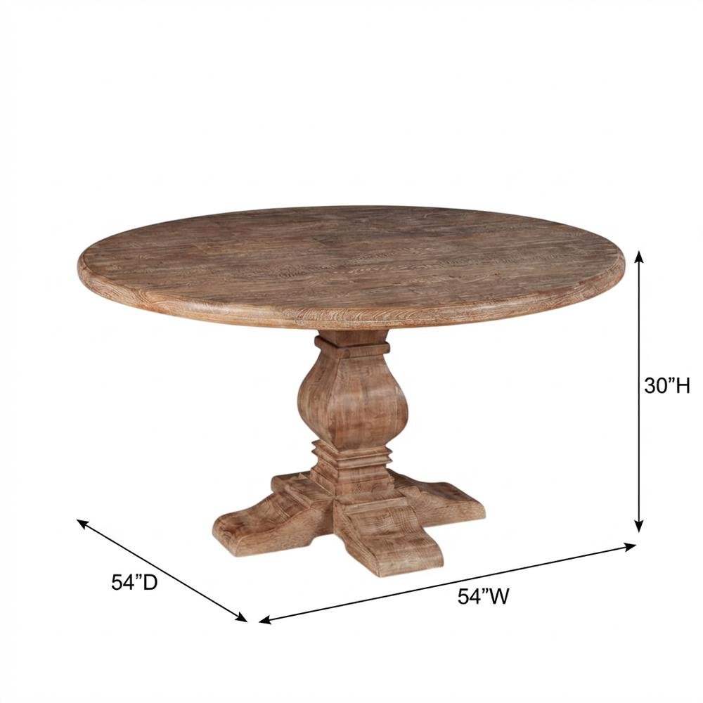 54 Inch Round Wood Dining Table, Solid Pedestal Kitchen Table, Antique Oak