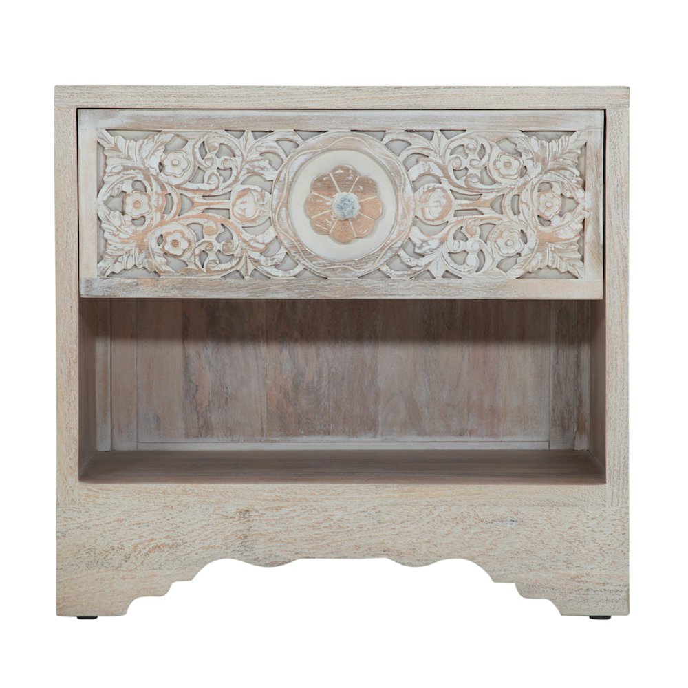 Haveli 26" Plinth Base Nightstand in Carved Heirloom White