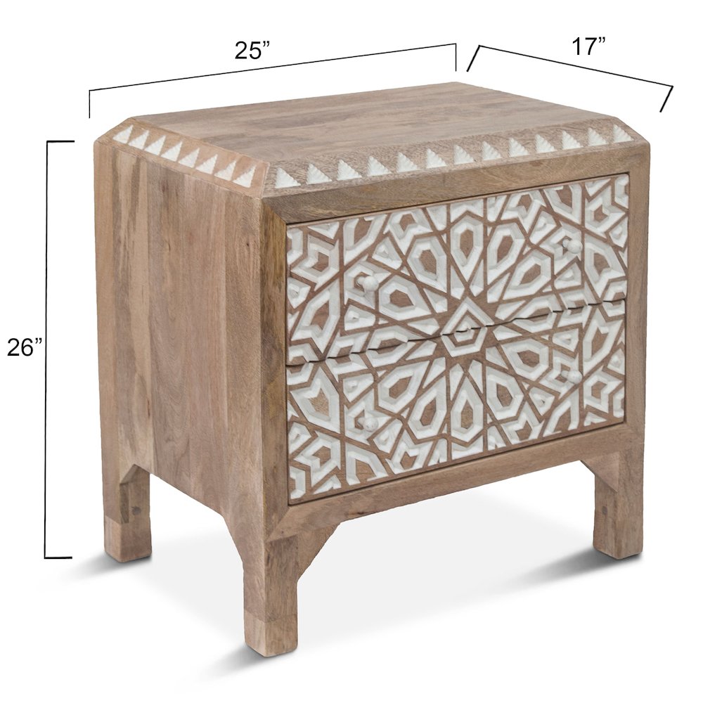 Haveli Geometric Carved Nightstand in Natural White
