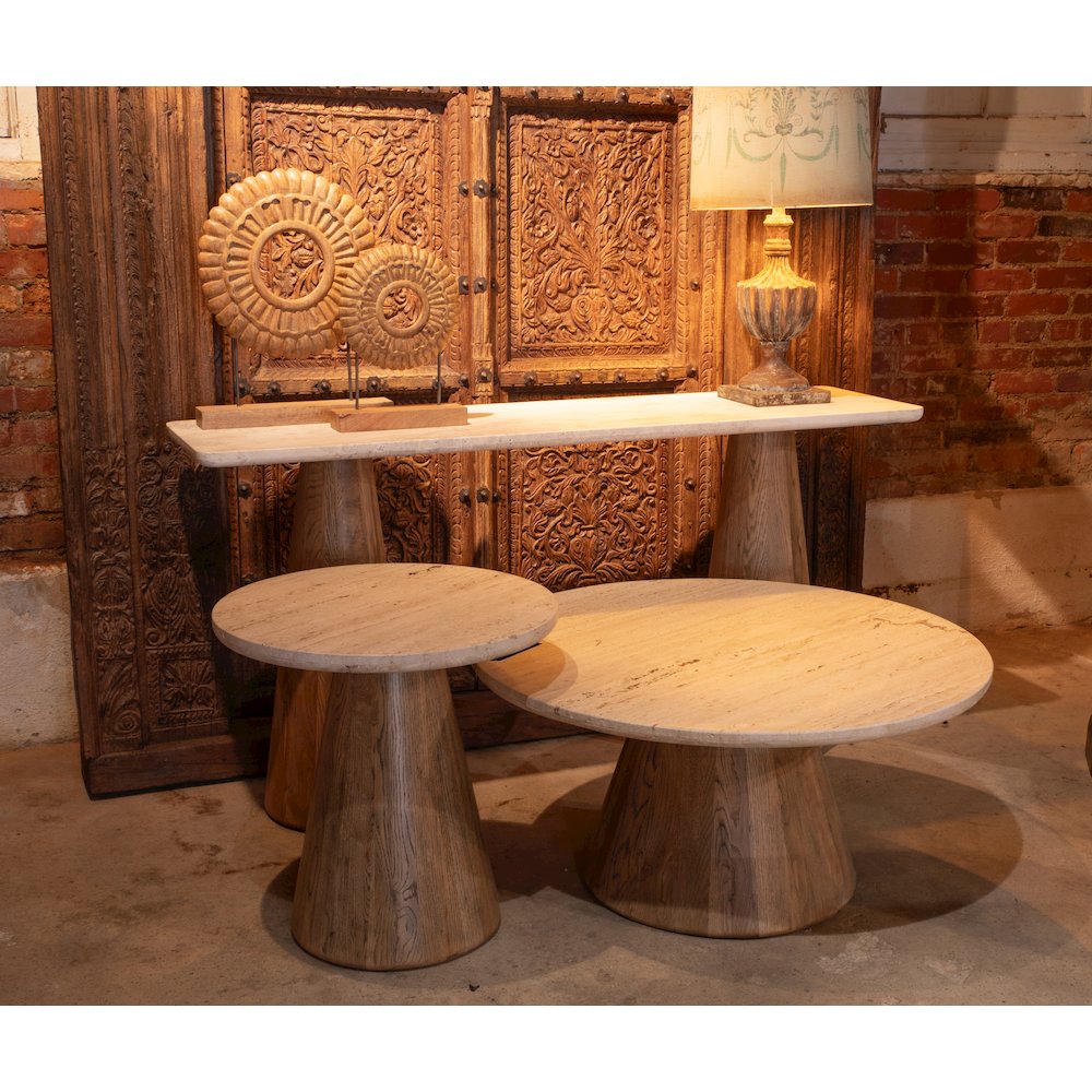 Caldera Console Table with White Travertine and Light Oak Base