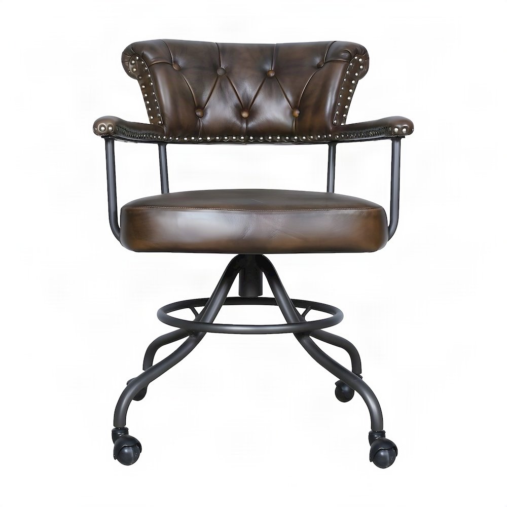 Leather Low-Back Office Chair with Chesterfield Tufting and Footrest, Brown