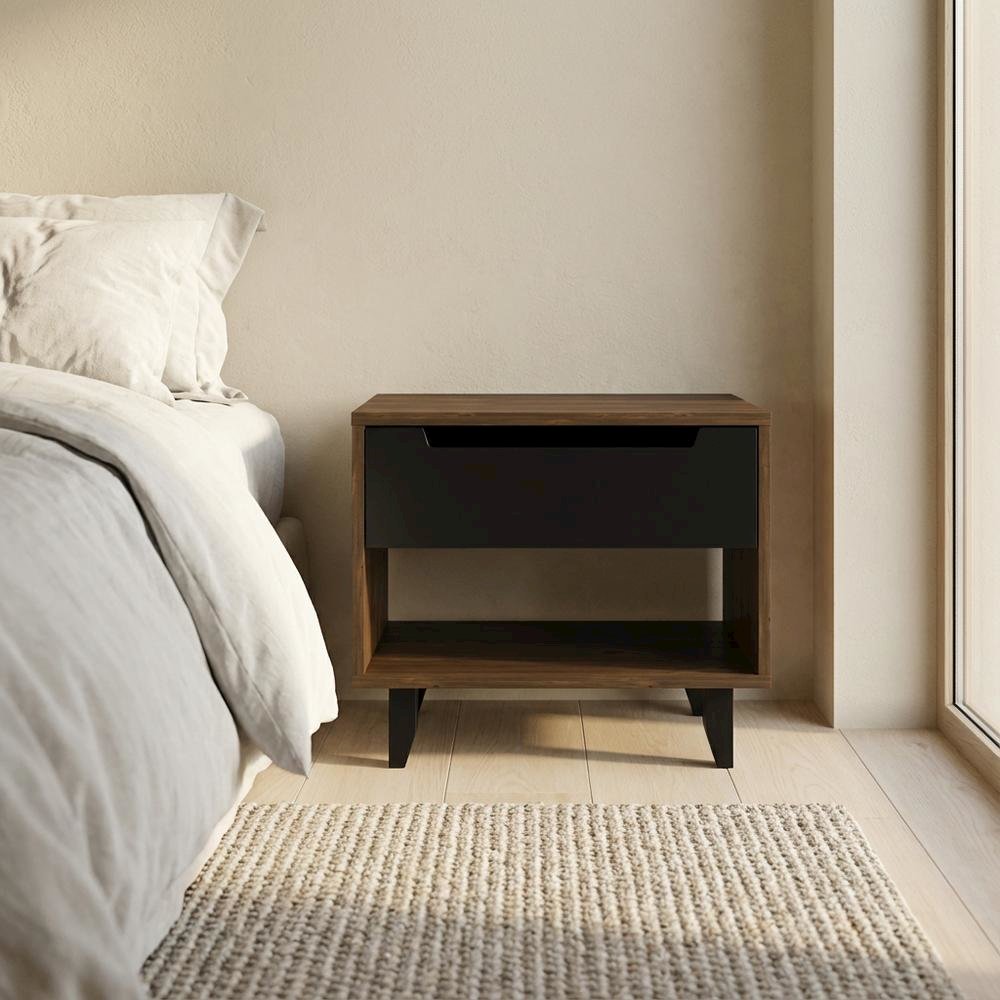 Black Nightstand with Folding Door and Rustic Style, Matte Black Lacquer Finish