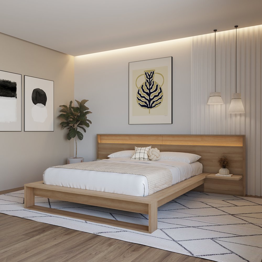 Lido Bedroom Set with Slatted Bedframe, Wide Headboard with Lights and Shelves