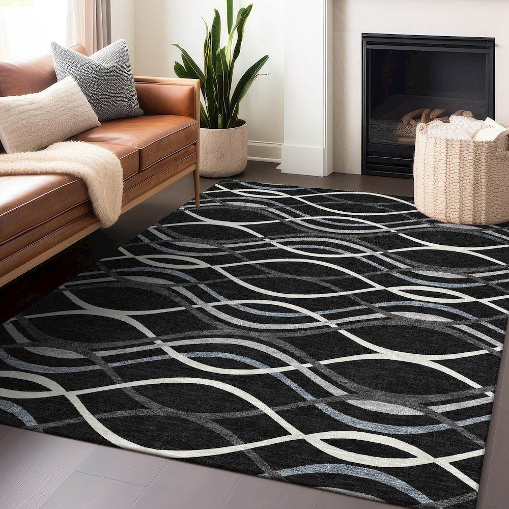Premium Machine Washable Mayfield AMF757 Black 3' x 5' Rug
