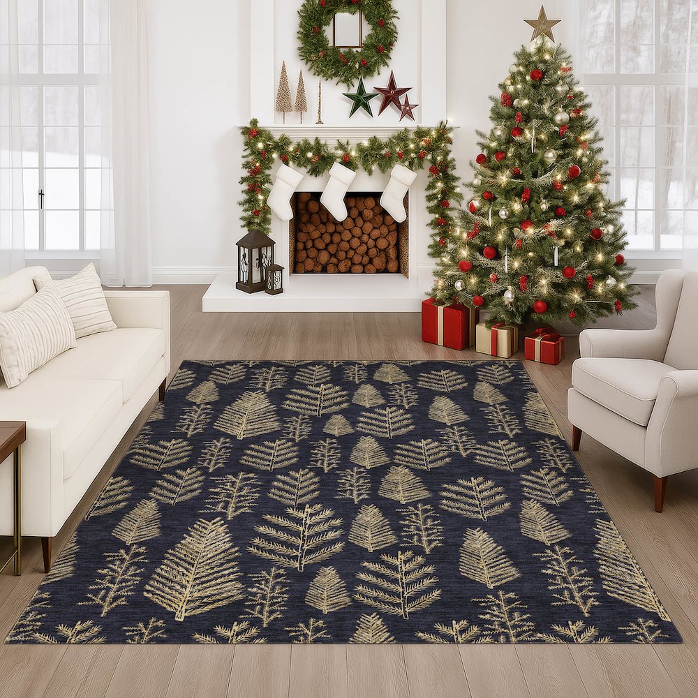 Luxury Washable Indoor/Outdoor Merry & Bright Black 8' x 10' Rug