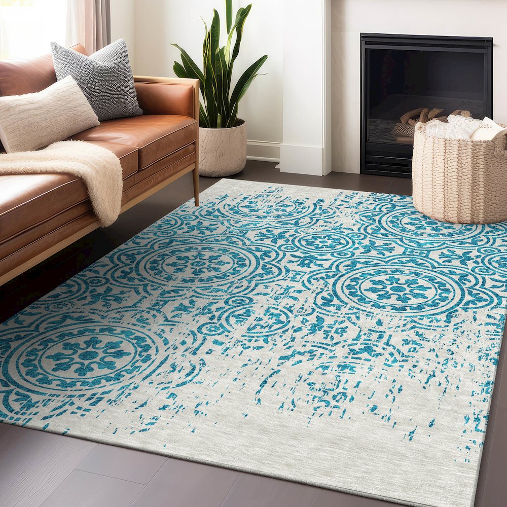 Premium Machine Washable Mayfield AMF758 Teal 9' x 12' Rug