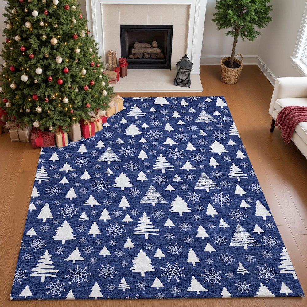 Luxury Washable Indoor/Outdoor Merry & Bright Navy 10' x 14' Rug