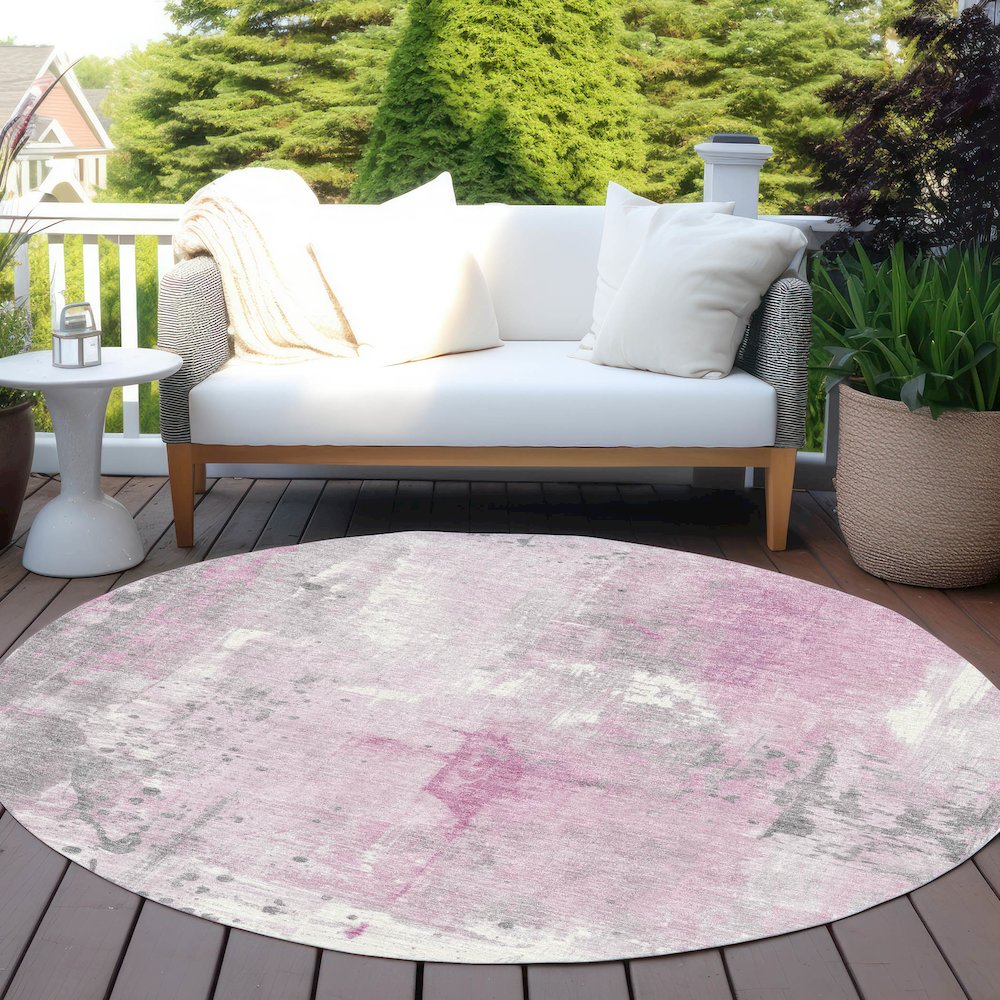 Machine Washable Indoor/Outdoor Chantille Pink 8' x 8' Round Rug