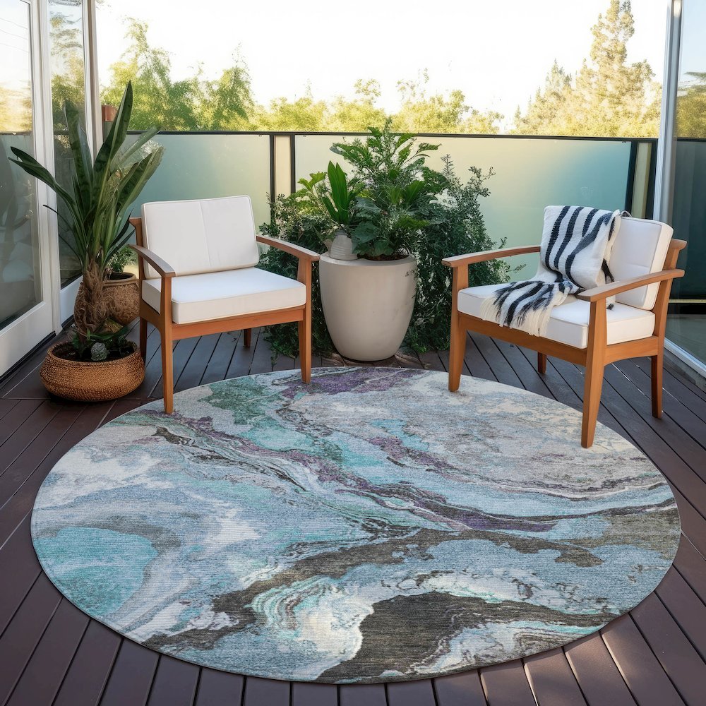 Machine Washable Indoor/Outdoor Chantille Teal 8' x 8' Round Rug