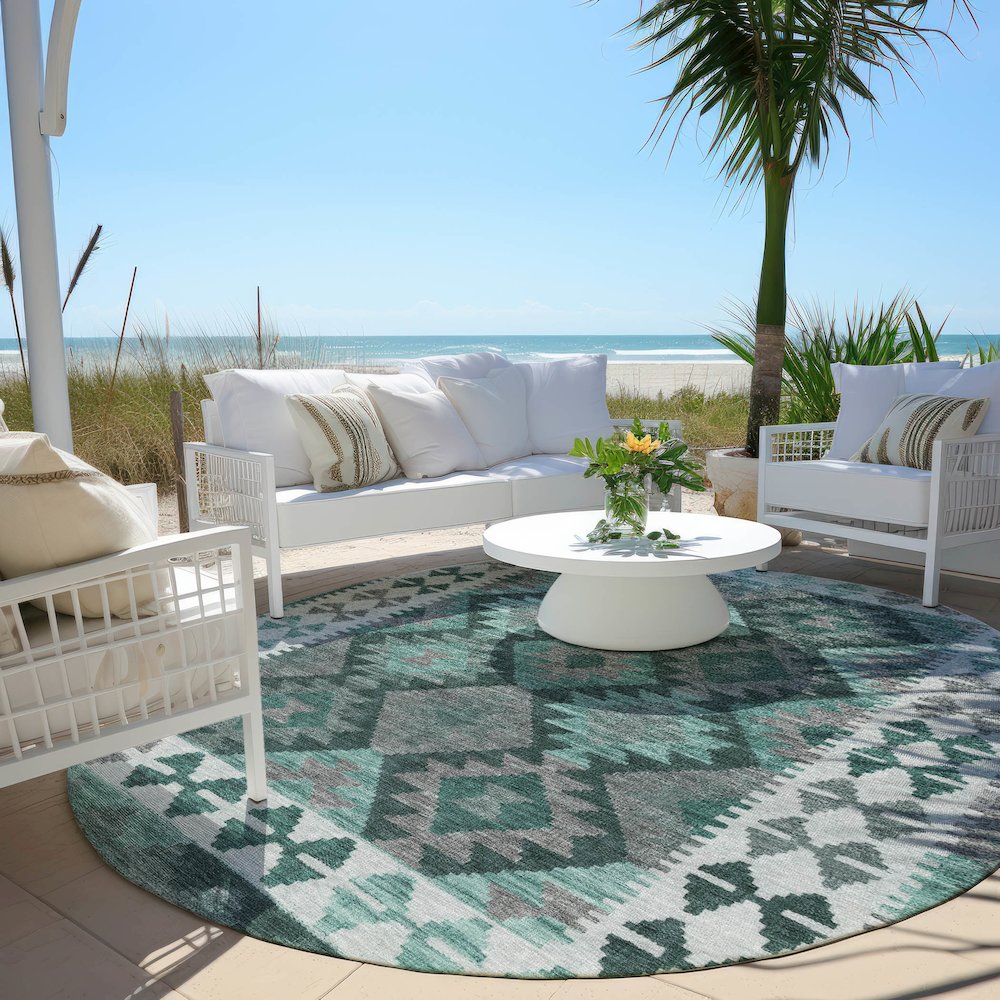 Machine Washable Indoor/Outdoor Chantille Seafoam 8' x 8' Round Rug
