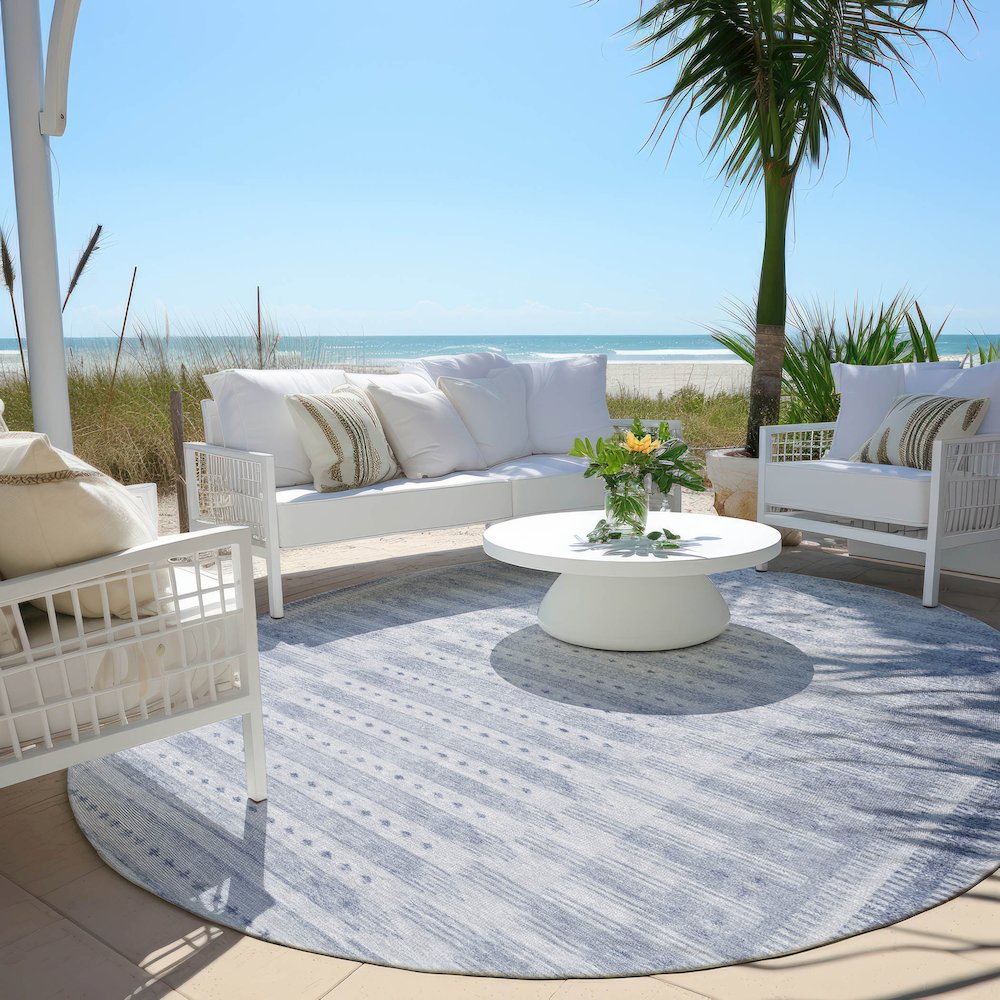 Machine Washable Indoor/Outdoor Chantille Blue 8' x 8' Round Rug