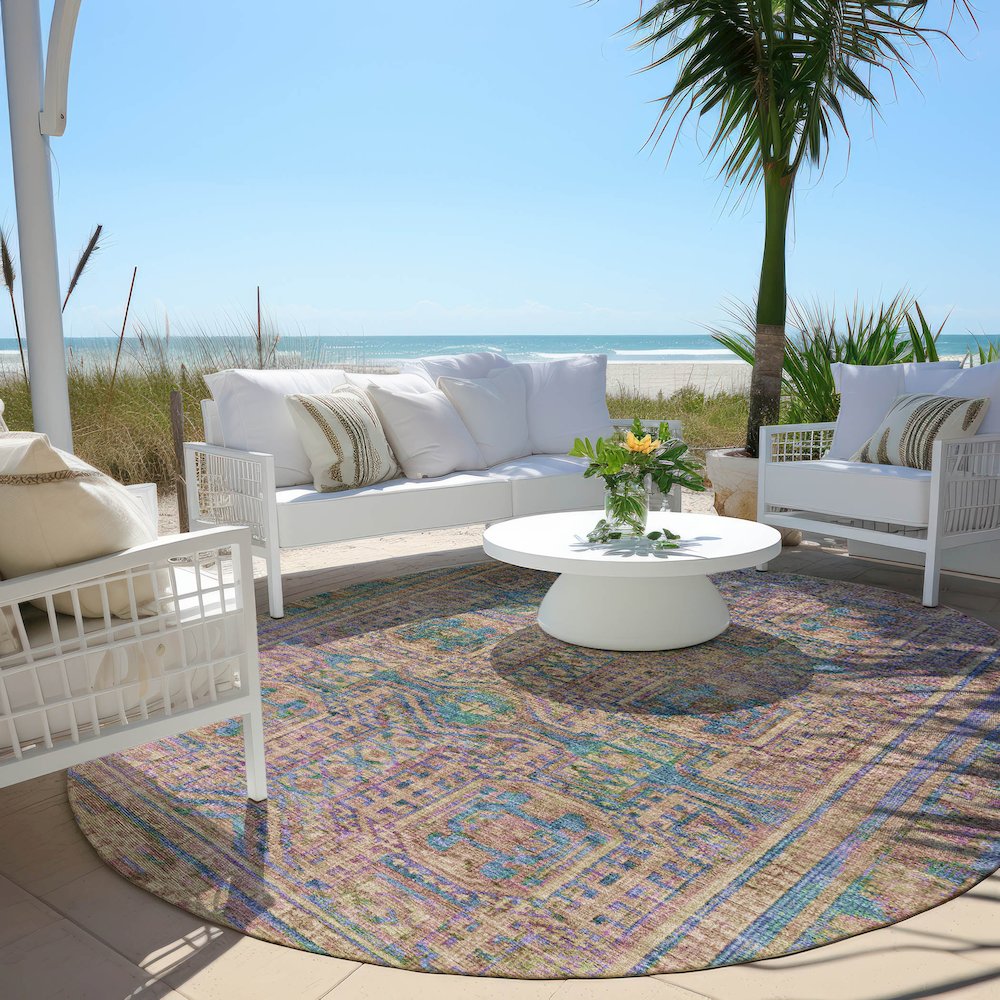 Machine Washable Indoor/Outdoor Chantille Orange 8' x 8' Round Rug