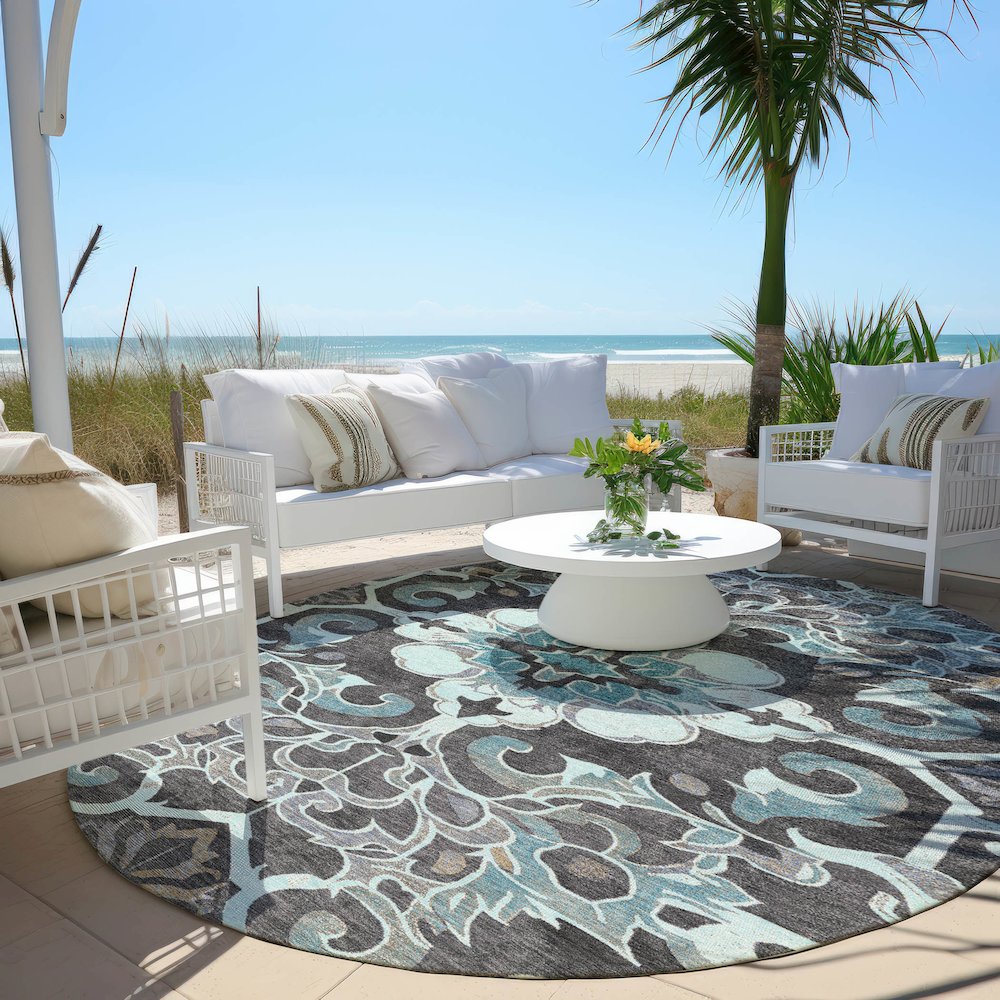 Machine Washable Indoor/Outdoor Chantille Teal 8' x 8' Round Rug