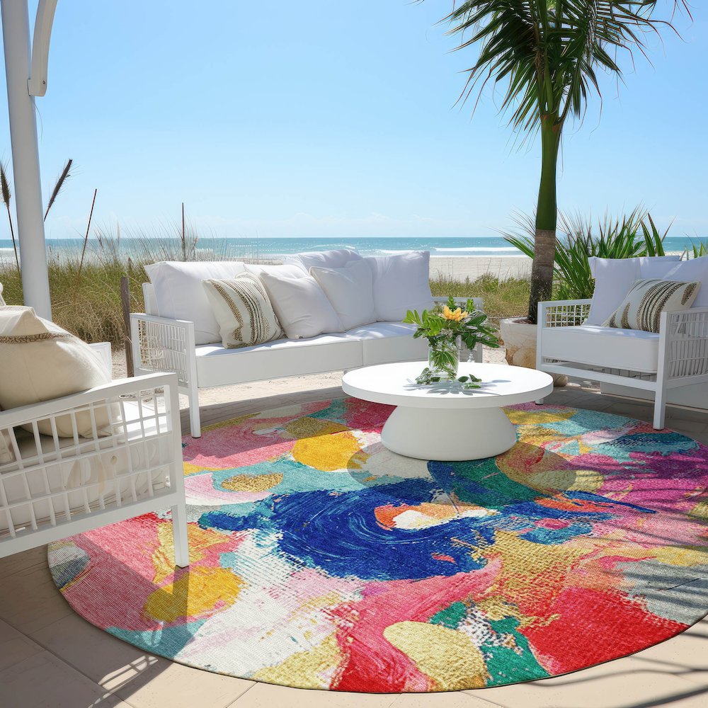 Machine Washable Indoor/Outdoor Chantille Blush 8' x 8' Round Rug