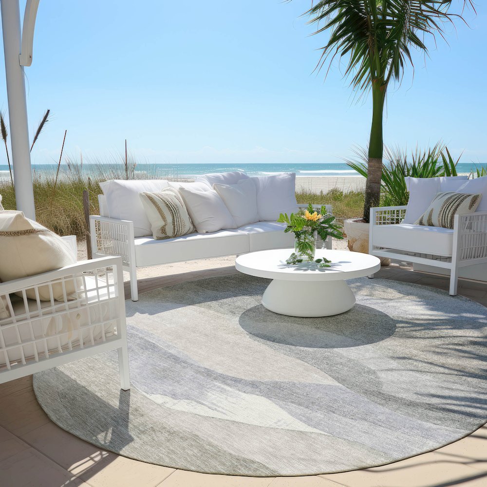 Machine Washable Indoor/Outdoor Chantille Beige 8' x 8' Round Rug