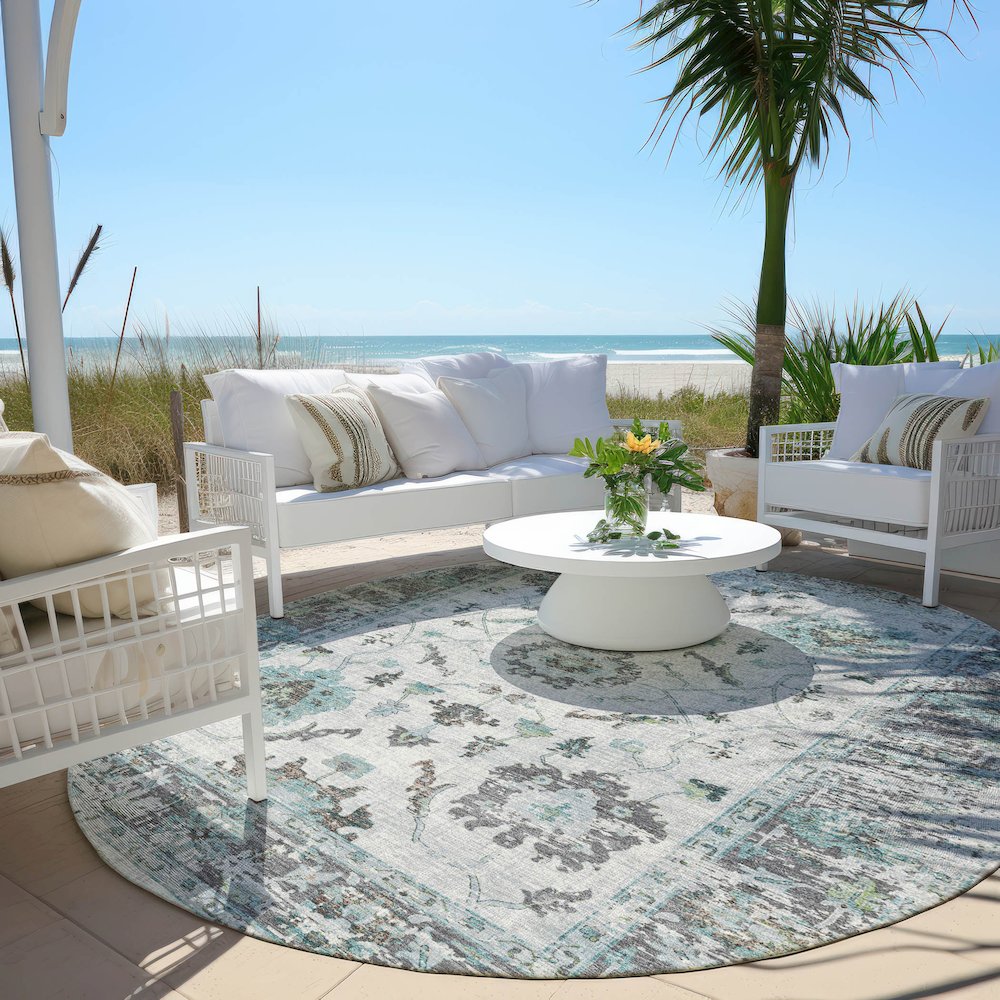 Machine Washable Indoor/Outdoor Chantille Teal 8' x 8' Round Rug