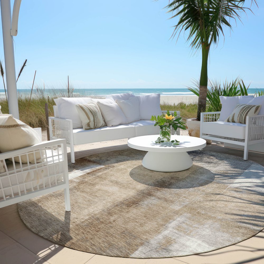 Machine Washable Indoor/Outdoor Chantille Beige 8' x 8' Round Rug