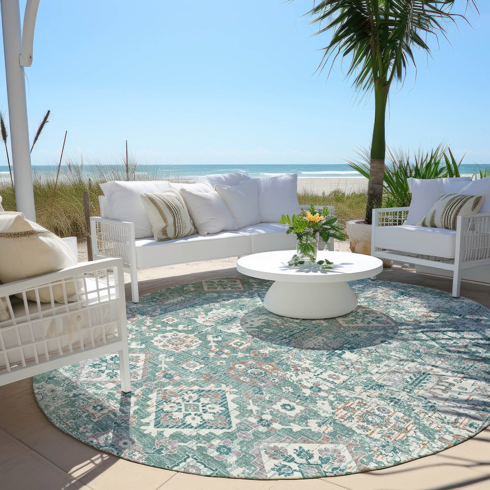 Machine Washable Indoor/Outdoor Chantille Seafoam 8' x 8' Round Rug
