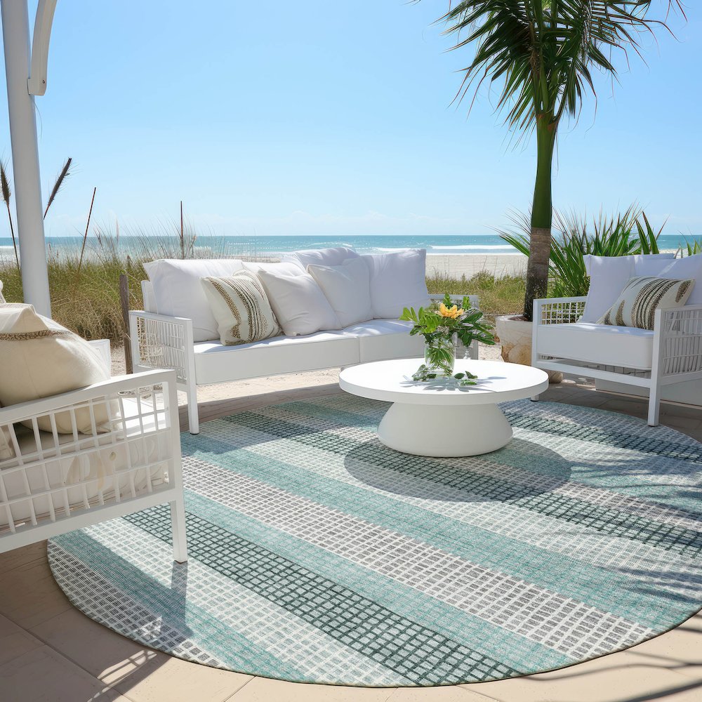 Machine Washable Indoor/Outdoor Chantille Teal 8' x 8' Round Rug
