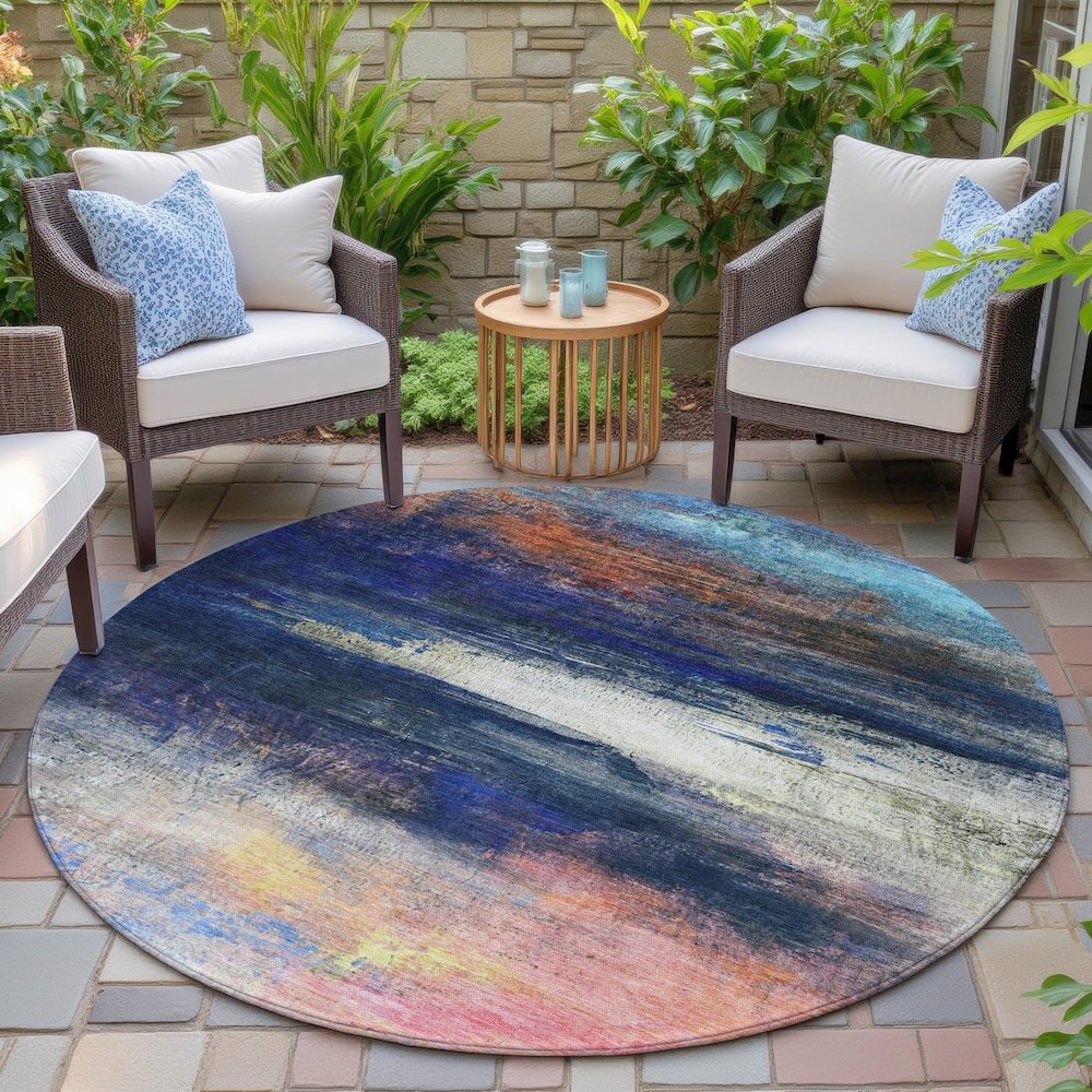 Machine Washable Indoor/Outdoor Chantille ACN2016 Blue 8' x 8' Round Rug