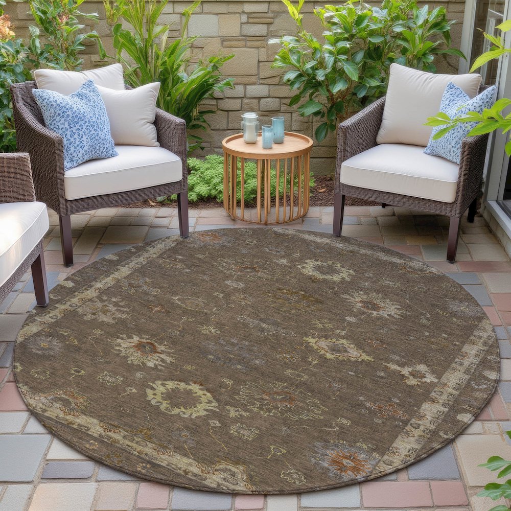 Machine Washable Indoor/Outdoor Chantille ACN2045 Chocolate 8' x 8' Round Rug