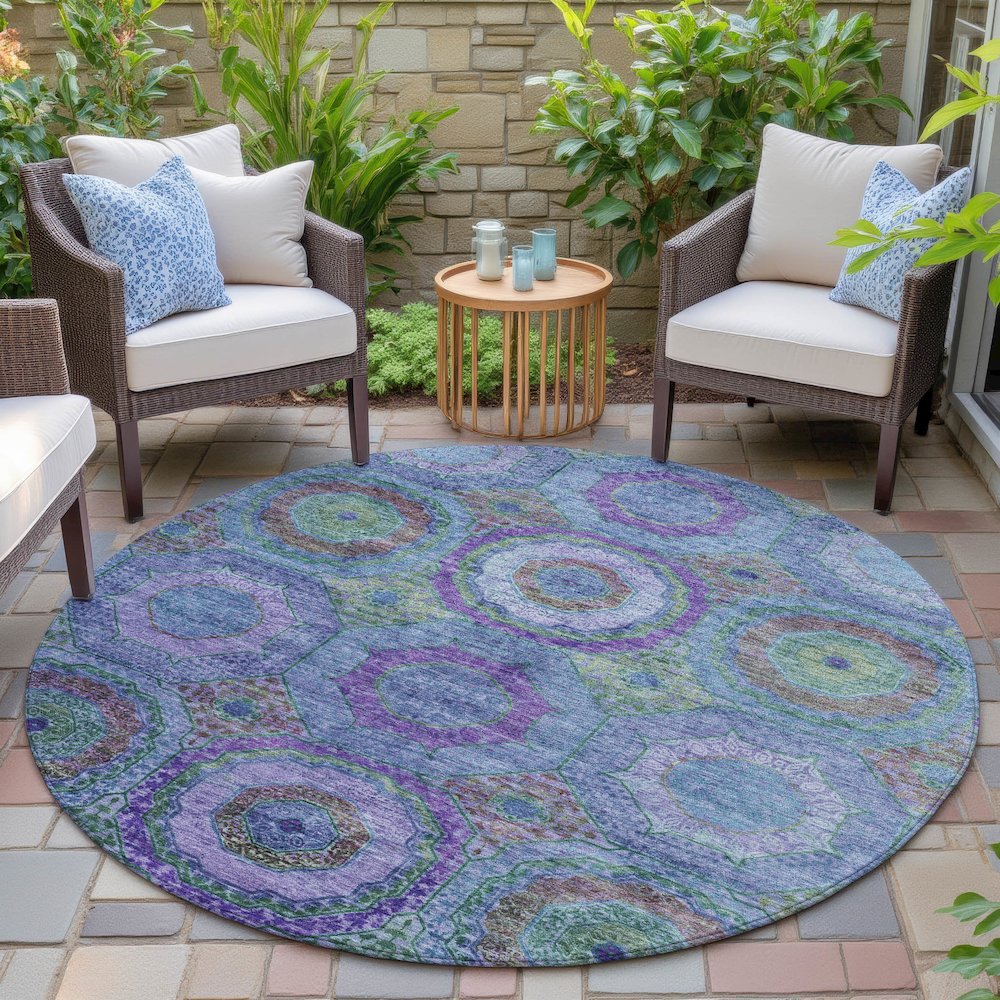 Machine Washable Indoor/Outdoor Chantille ACN2049 Blue 8' x 8' Round Rug