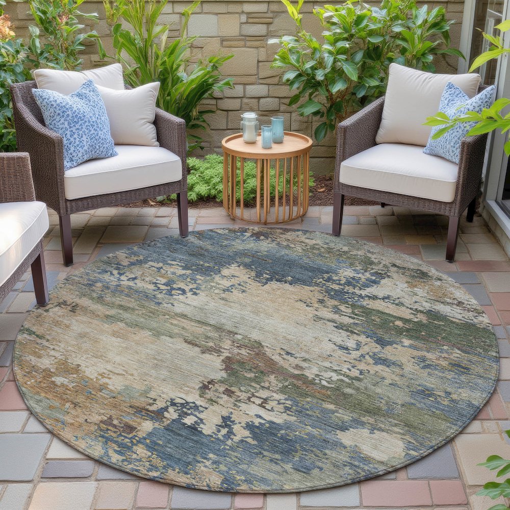 Machine Washable Indoor/Outdoor Chantille ACN2067 Blue 8' x 8' Round Rug