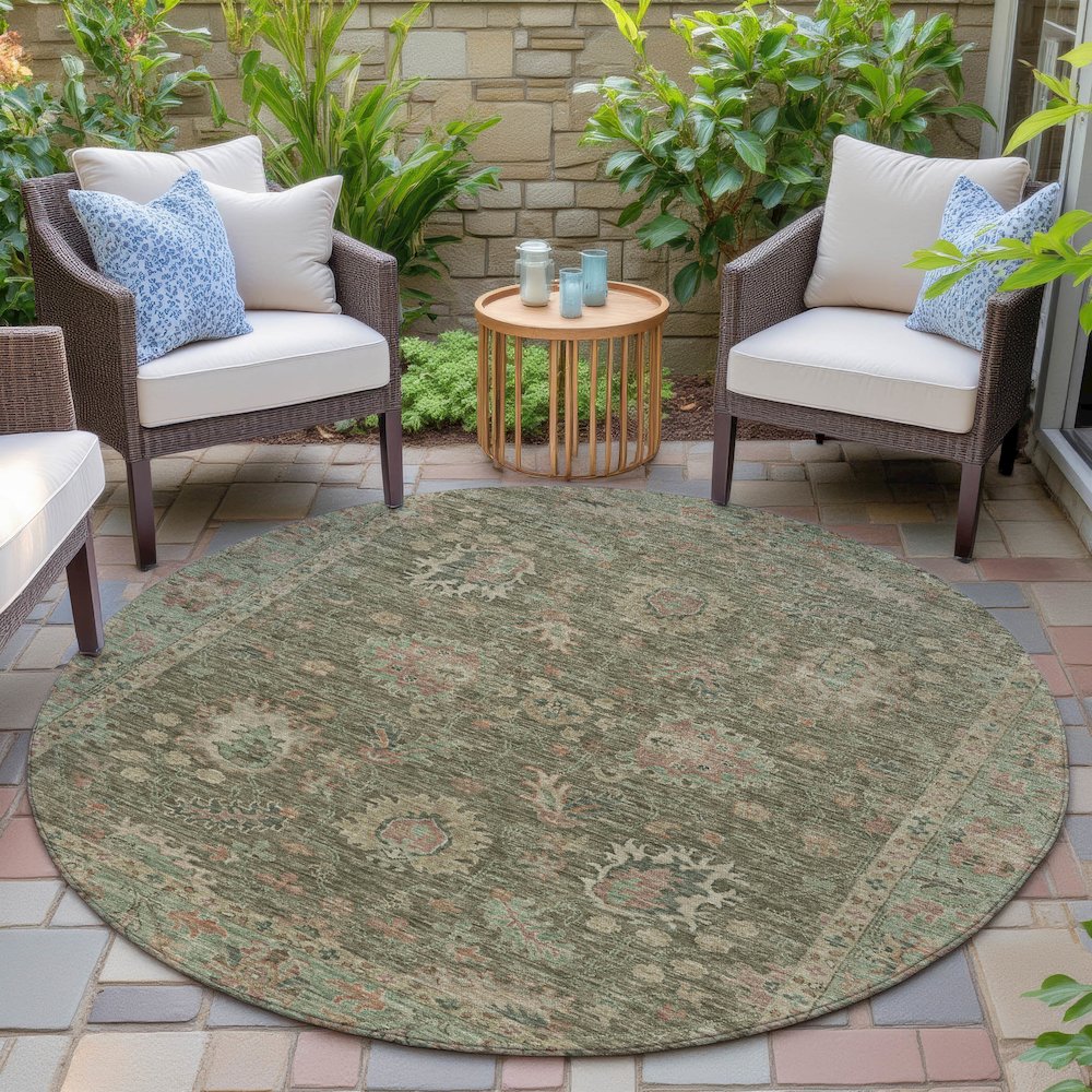 Machine Washable Indoor/Outdoor Chantille ACN2104 Olive 8' x 8' Round Rug