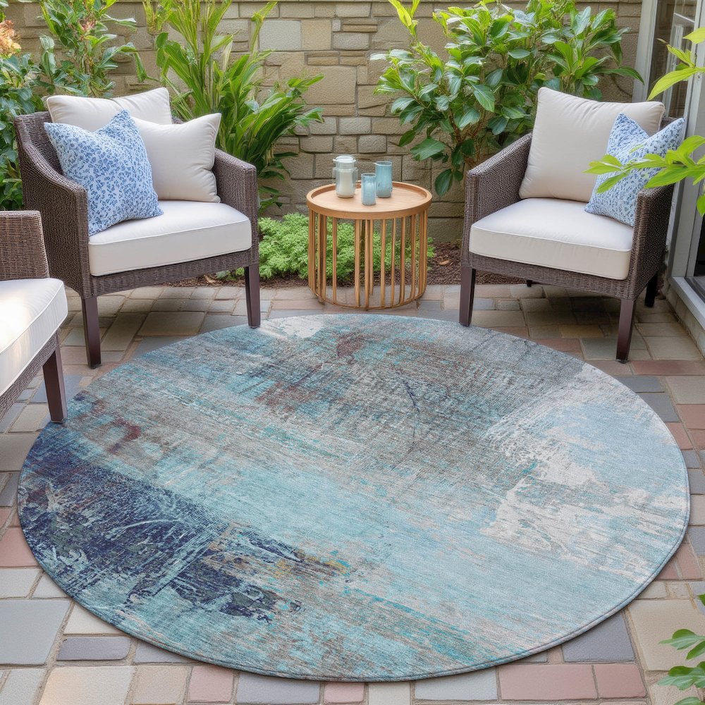 Machine Washable Indoor/Outdoor Chantille ACN2117 Teal 8' x 8' Round Rug
