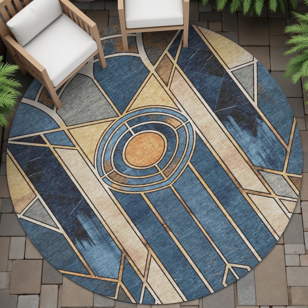 Machine Washable Indoor/Outdoor Chantille ACN2176 Blue 8' x 8' Round Rug