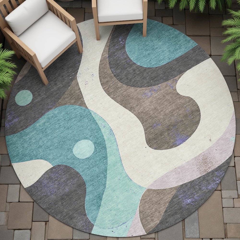 Machine Washable Indoor/Outdoor Chantille ACN2185 Teal 8' x 8' Round Rug