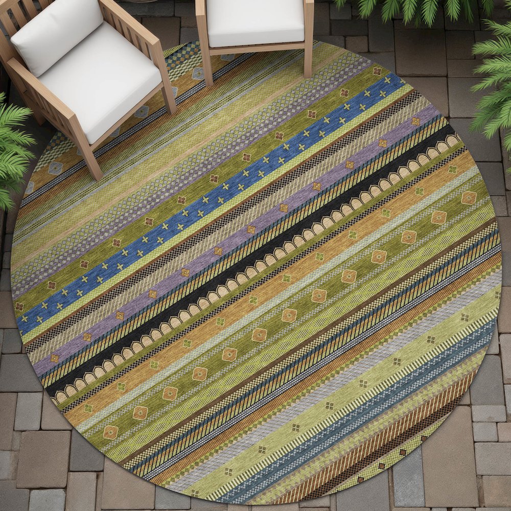 Machine Washable Indoor/Outdoor Chantille ACN2218 Olive 8' x 8' Round Rug