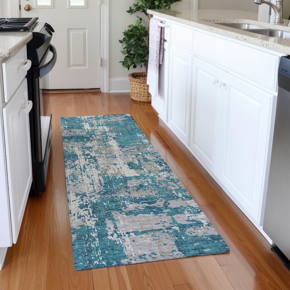 Premium Machine Washable Mayfield AMF1008 Teal 2'3" x 7'6" Runner Rug
