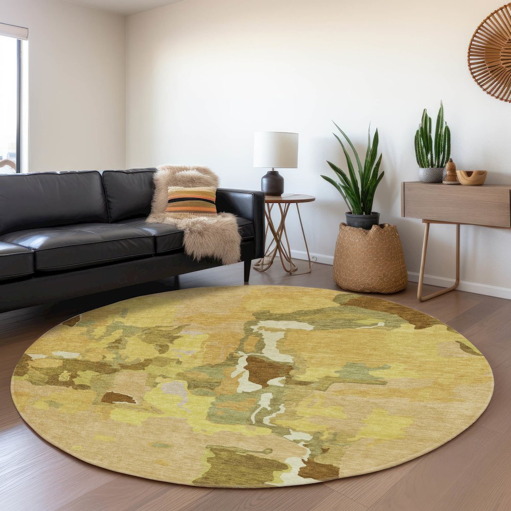 Premium Machine Washable Mayfield AMF1028 Gold 8' x 8' Round Rug