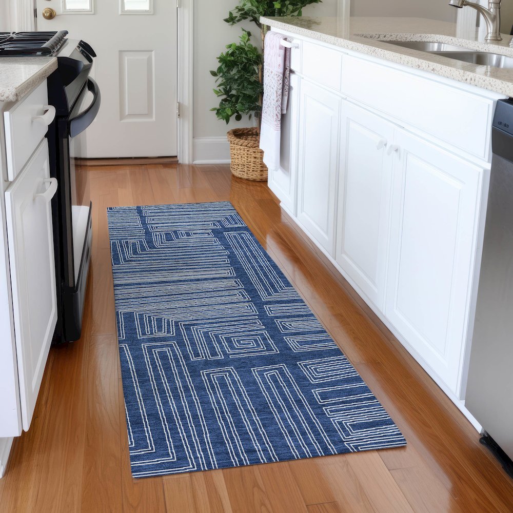 Premium Machine Washable Mayfield AMF1045 Navy 2'3" x 7'6" Runner Rug