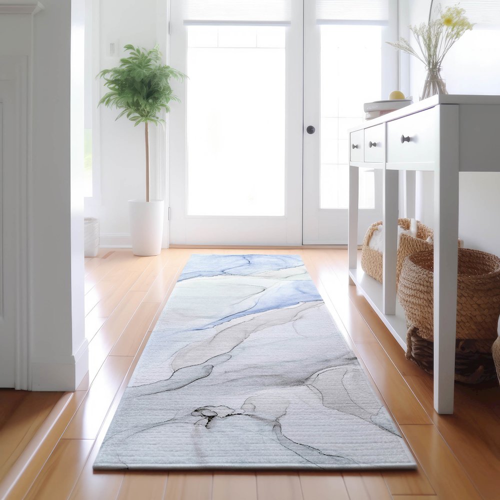 Premium Machine Washable Mayfield Blue 2'3" x 7'6" Runner Rug