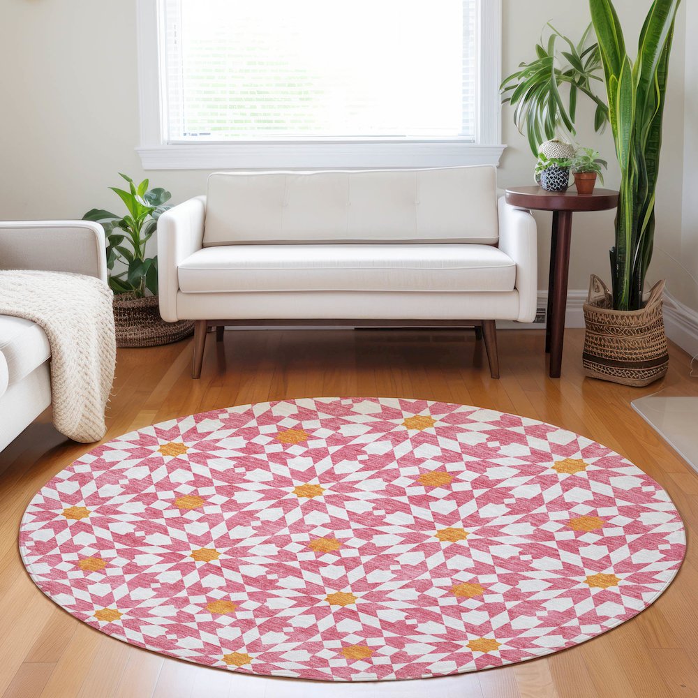 Premium Machine Washable Mayfield AMF734 Pink 8' x 8' Round Rug