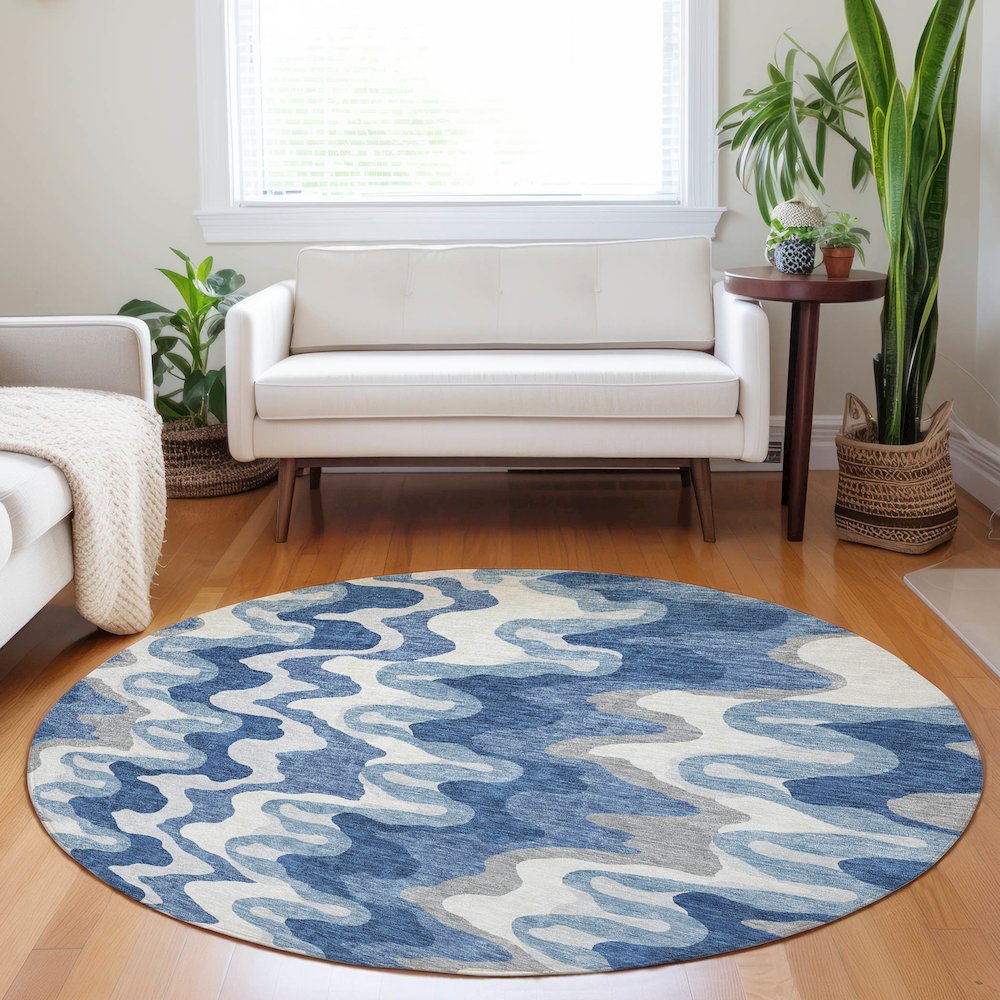 Premium Machine Washable Mayfield AMF750 Blue 8' x 8' Round Rug