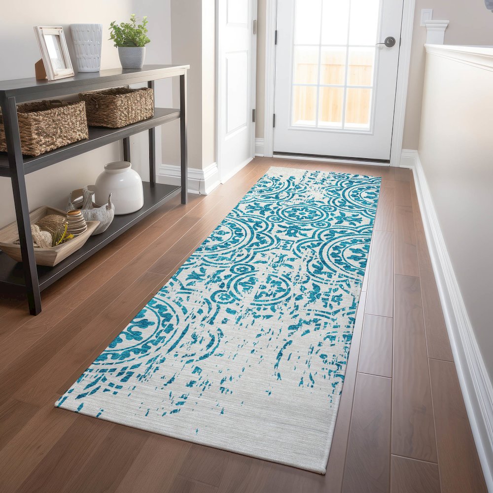 Premium Machine Washable Mayfield AMF758 Teal 2'3" x 7'6" Runner Rug