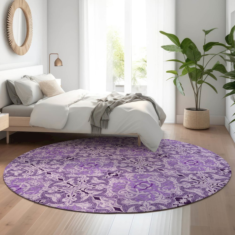 Premium Machine Washable Mayfield AMF783 Purple 8' x 8' Round Rug